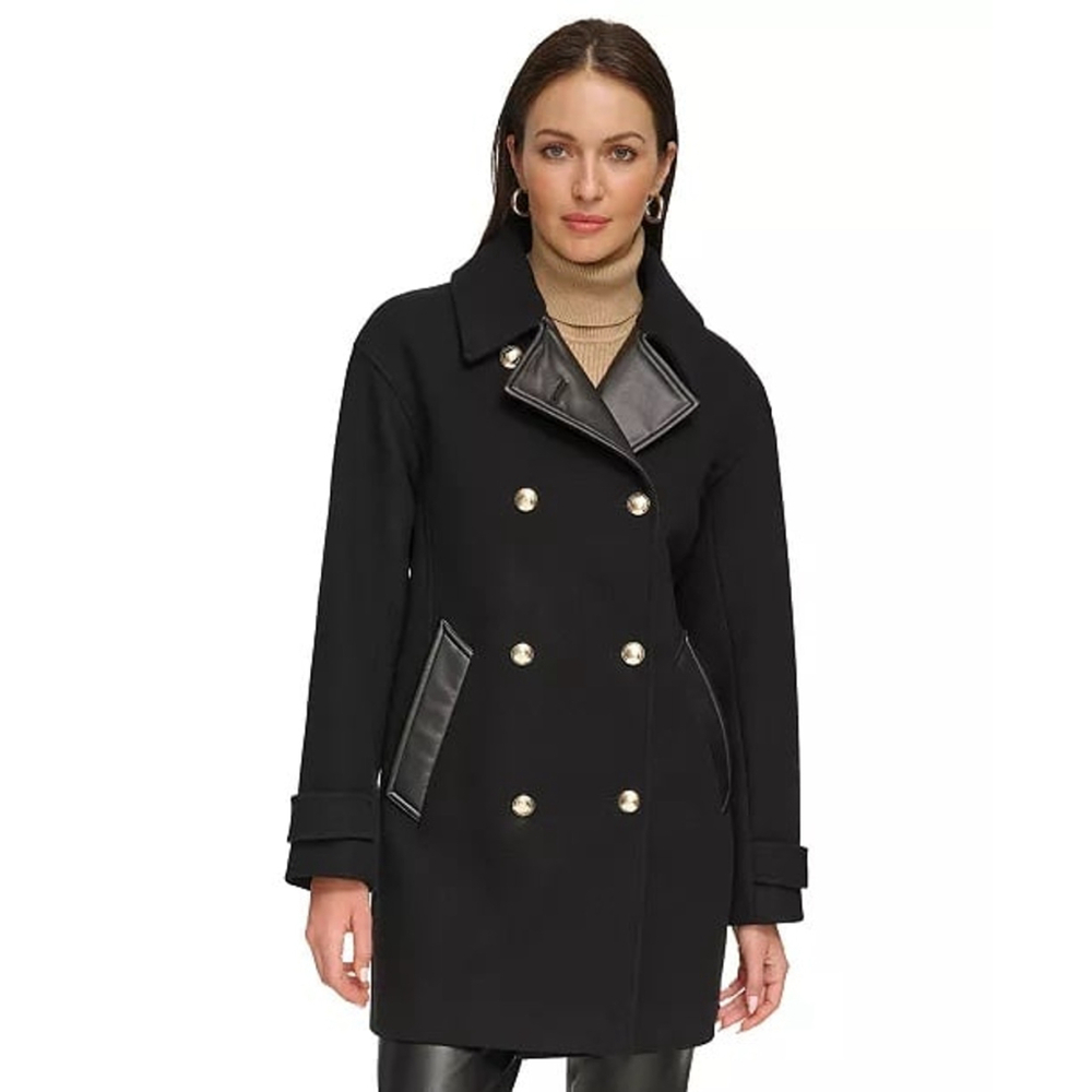 DKNY Women's Double-Breasted Wool Blend Black Coat
